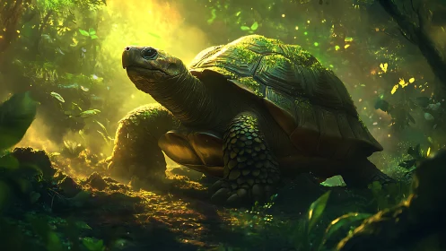 Large tortoise in dense sunlit forest environment.