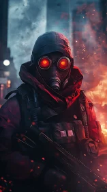 Crimson lookout patrols the burning streets of a ruined city