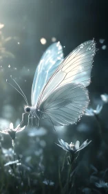 Iridescent macro study of translucent butterfly in bokeh field.