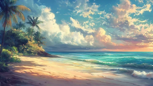 Tropical Beach Sunset with Palm Trees and Golden Hour Waves