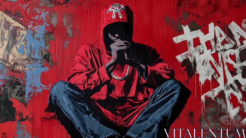 Hooded street figure in red against distressed graffiti wall