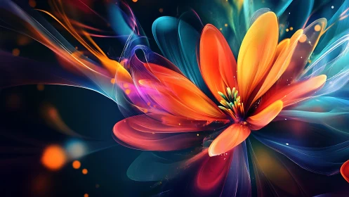 Digital abstract flower radiates multicolor light in motion