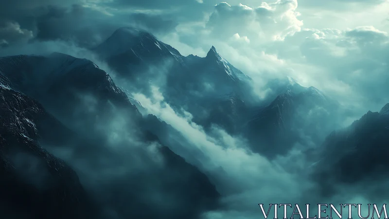Glacial mountain ridges veiled in cinematic storm clouds.