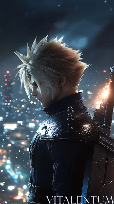 Solitary blond warrior stands over glowing cyber city night