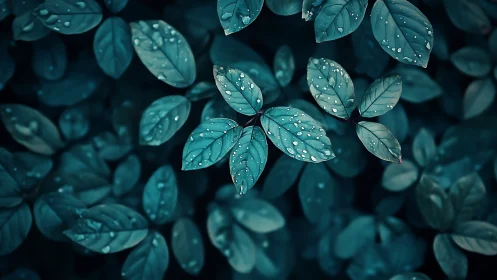 Raindrop kissed teal leaves in a calm forest hush.