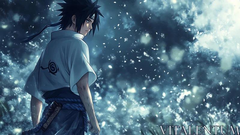 Moody anime swordsman in luminous storm-lit nightscape.