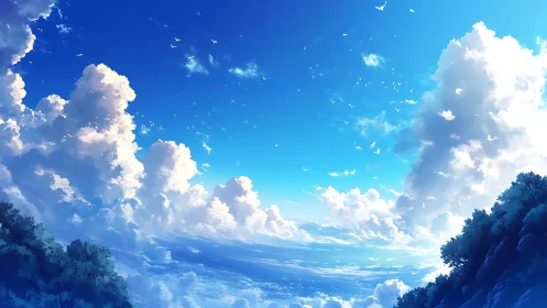 Vast celeste panorama with towering cumulus and sea horizon.