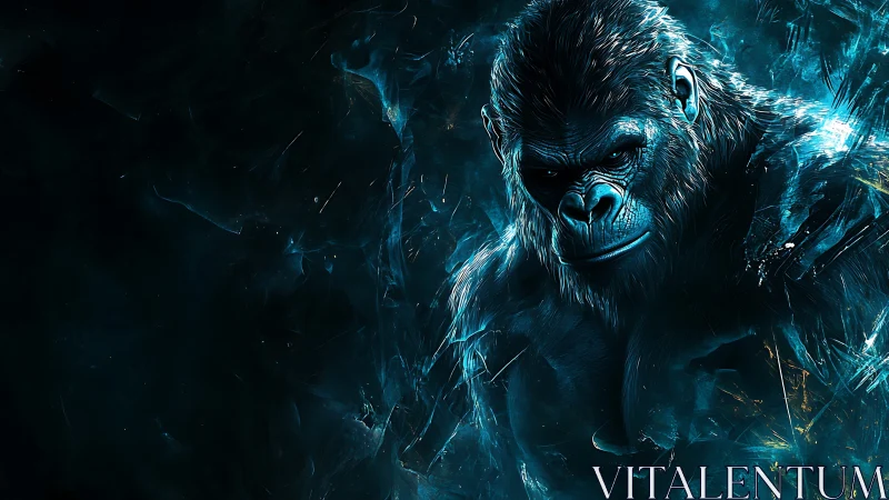 Electric blue gorilla guardian in swirling cosmic storm.