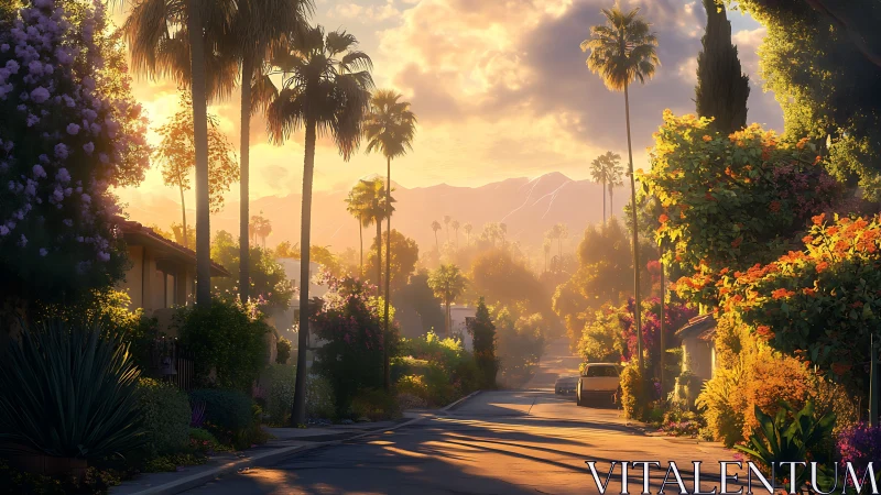 Golden sunset bathes a lush palm-lined suburban avenue