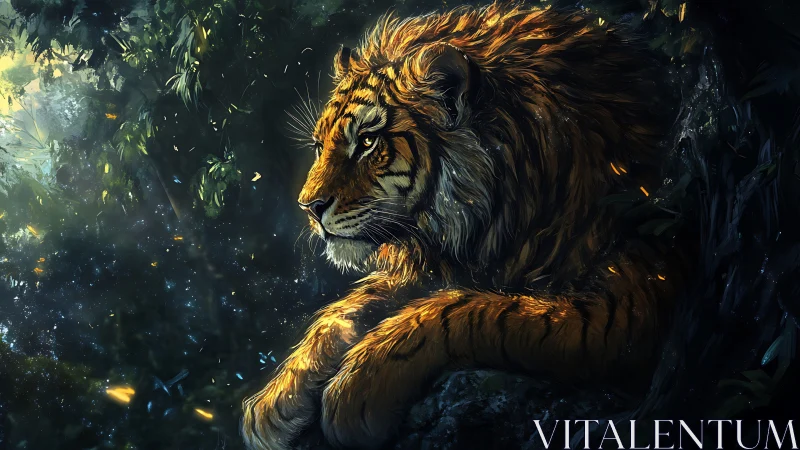 Tiger resting on forest ledge in dappled light at dusk.