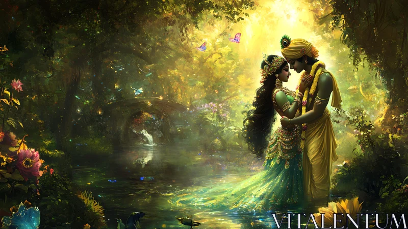 Divine Reunion in Enchanted Garden with Radiant Lovers