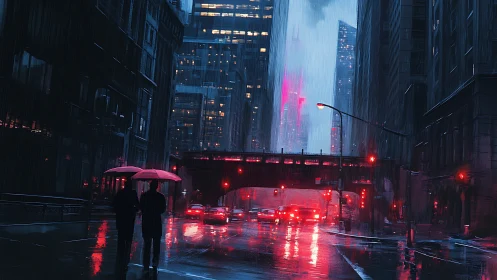 Nocturnal rain-soaked avenue with neon red urban reflections.