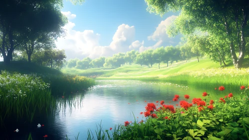 Sunlit river meadow with bright red wildflowers in bloom.