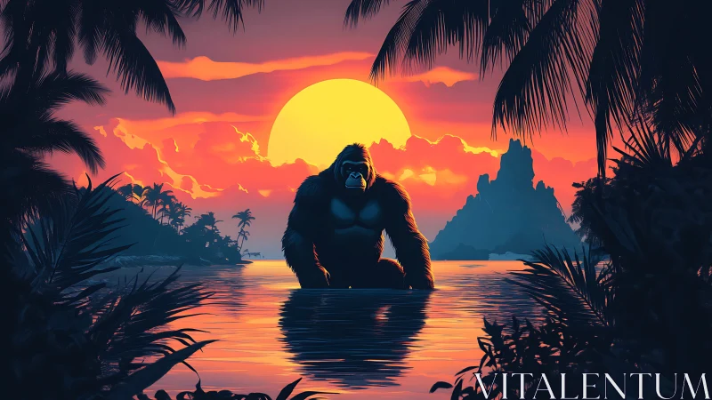 Sunset guardian gorilla wading through a tropical lagoon.