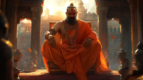 Regal ascetic leader in saffron robes on monumental temple throne