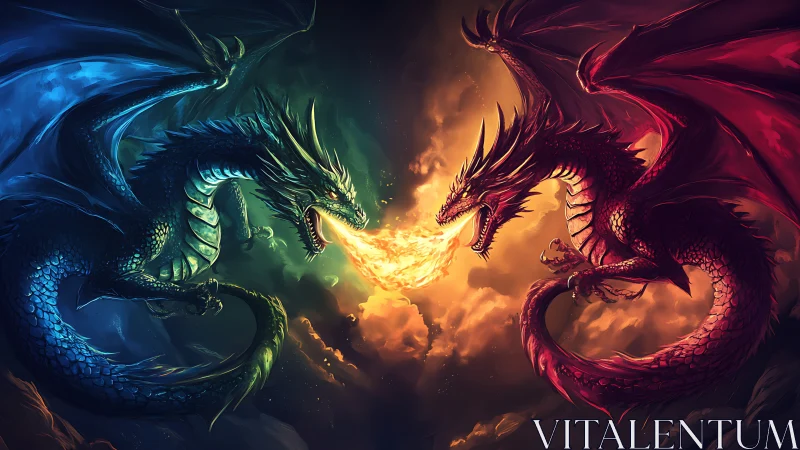 Two opposing dragons emit converging fire streams at center
