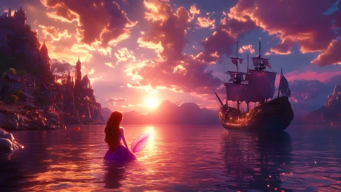 Mermaid watches a glowing galleon drift beneath a radiant sunset