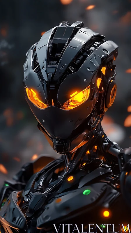 Black armored robot with glowing orange eyes in embers.