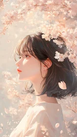 Side-profile anime portrait amid diffuse cherry blossoms bloom