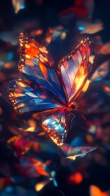 Butterfly with translucent wings in colorful bokeh field.