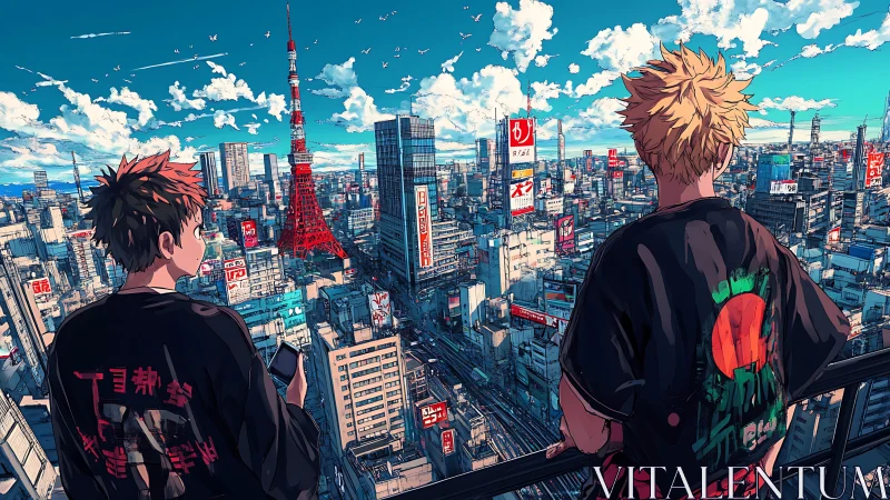 Two figures on balcony overlooking stylized Tokyo skyline.