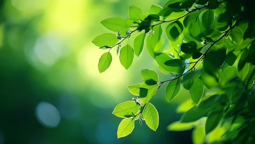 Sunlit Green Leaves on Branch with Soft Bokeh Background.