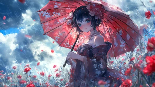Rain-soaked floral kimono girl with red parasol in poppy field.