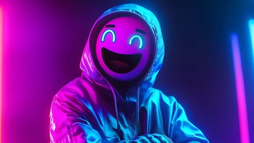 Neon smiley avatar glows in vibrant cyberpunk hoodie portrait.