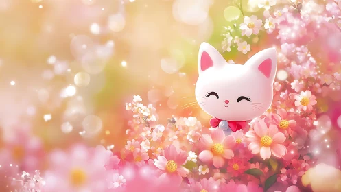 Smiling chibi cat nestled in glowing spring blossoms.