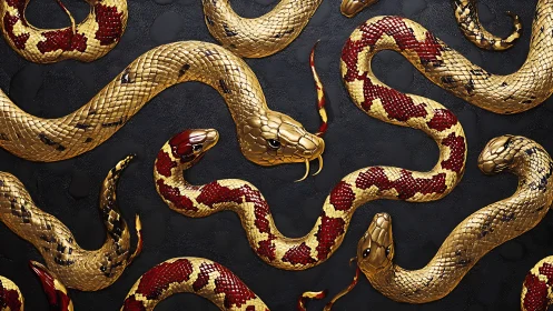 Golden serpents coil in ornate patterns on rich black leather.