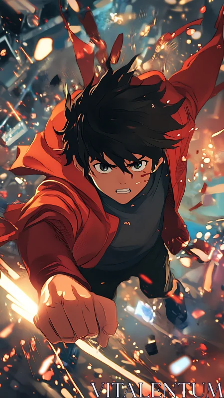 Dynamic low-angle anime hero in motion blur and particle field