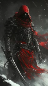 Digital painting of a red-hooded shadow knight in blizzard storm.