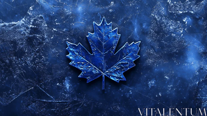 Blue metallic maple leaf over crystallized ice texture.
