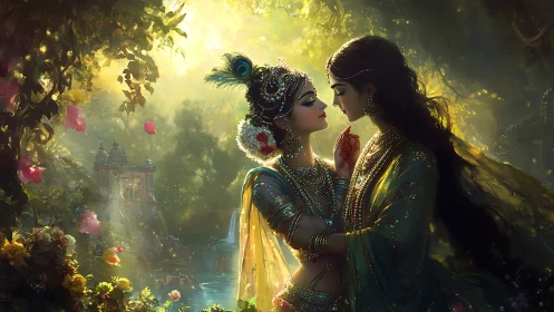 Two ornately dressed figures positioned within illuminated garden architectural setting