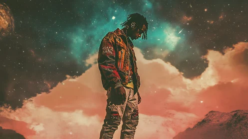 Lone figure stands under nebula sky over molten desert.