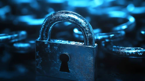Steel padlock guards encrypted chain under neon blue light.