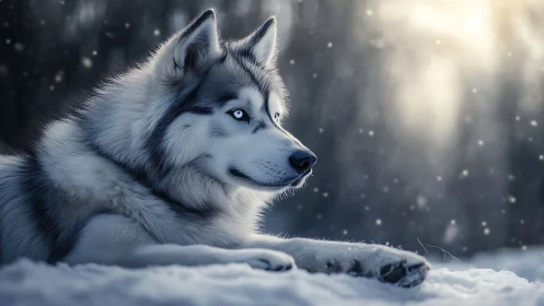 Siberian husky rests in blue dusk snow, gaze toward light.