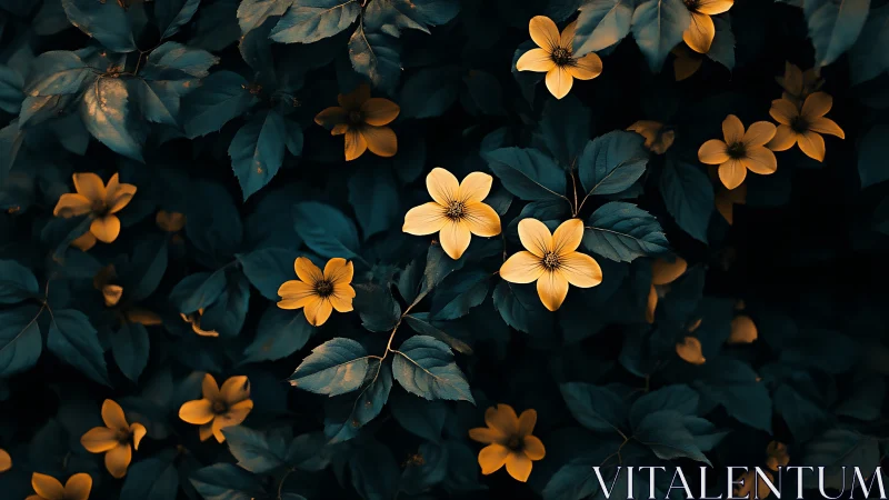 Golden Blossoms Dance Through Deep Twilight.