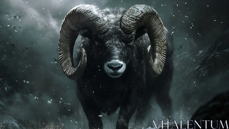 Stormbound black ram charging through icy mountain pass.