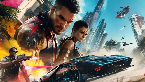 Cybernetic mercenaries dominate neon-soaked future skyline.