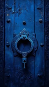 Weathered blue metal door with ornate circular knocker
