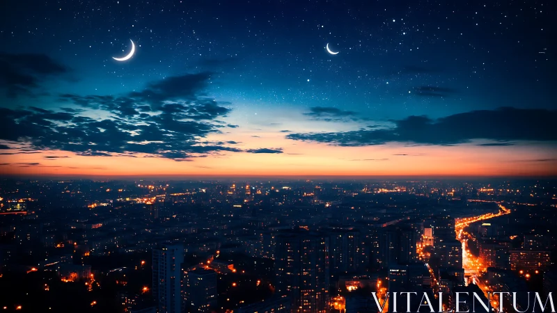 Twin crescent moons glow above a neon-lit twilight cityscape.