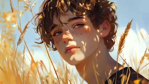 Sunlit freckled youth in golden wheat field portrait.