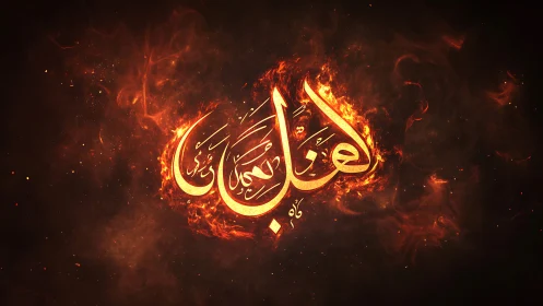 Luminous Arabic calligraphy ignites within volumetric fire halo