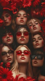 Clustered female portraits are framed by saturated red flowers