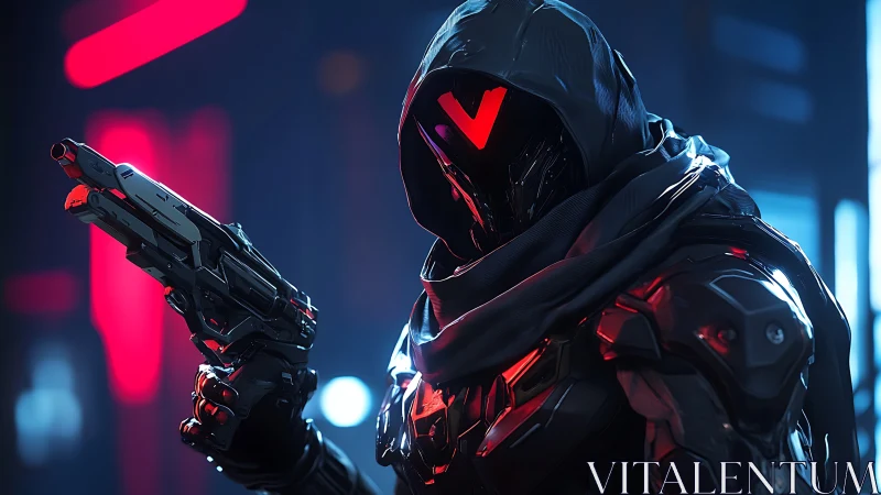 Neon rogue gunslinger stalks a rain-slick cyberpunk alleyway.