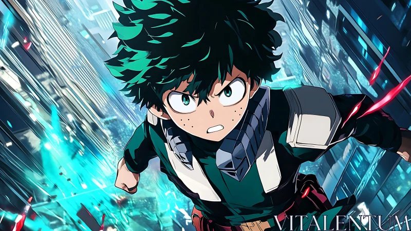 Skyline sprint of a wild‑haired urban anime hero.