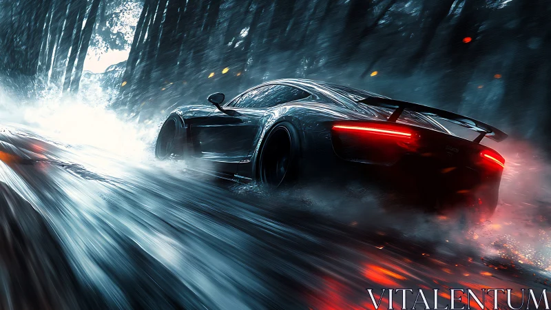 Sleek hypercar slices through a neon-lit, rain-soaked forest road.