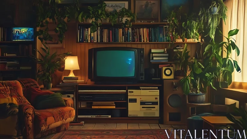 Retro living room with vintage TV, books, and lush plants.