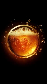 Fizzy amber planet floats in a dark, carbonated cosmos